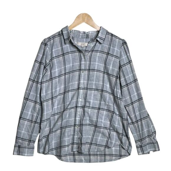 LOFT Women's Gray Plaid Button Front Blouse‎ Size Large - Picture 1 of 8